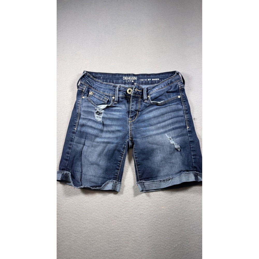 Denizen Levis Womens Low Rise 5 Bermuda Shorts Distressed Dark Wash Blue Size 4